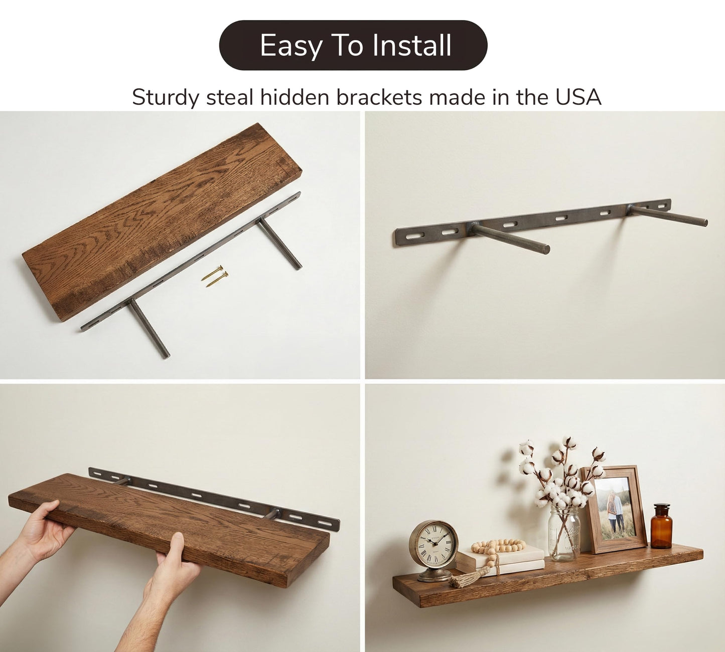 Rustic Floating Shelves for Wall - Solid Wood Oak Floating Shelf, Thick Wood Wall Shelves with Hidden Bracket, Easy Install, Made in USA (48x8)