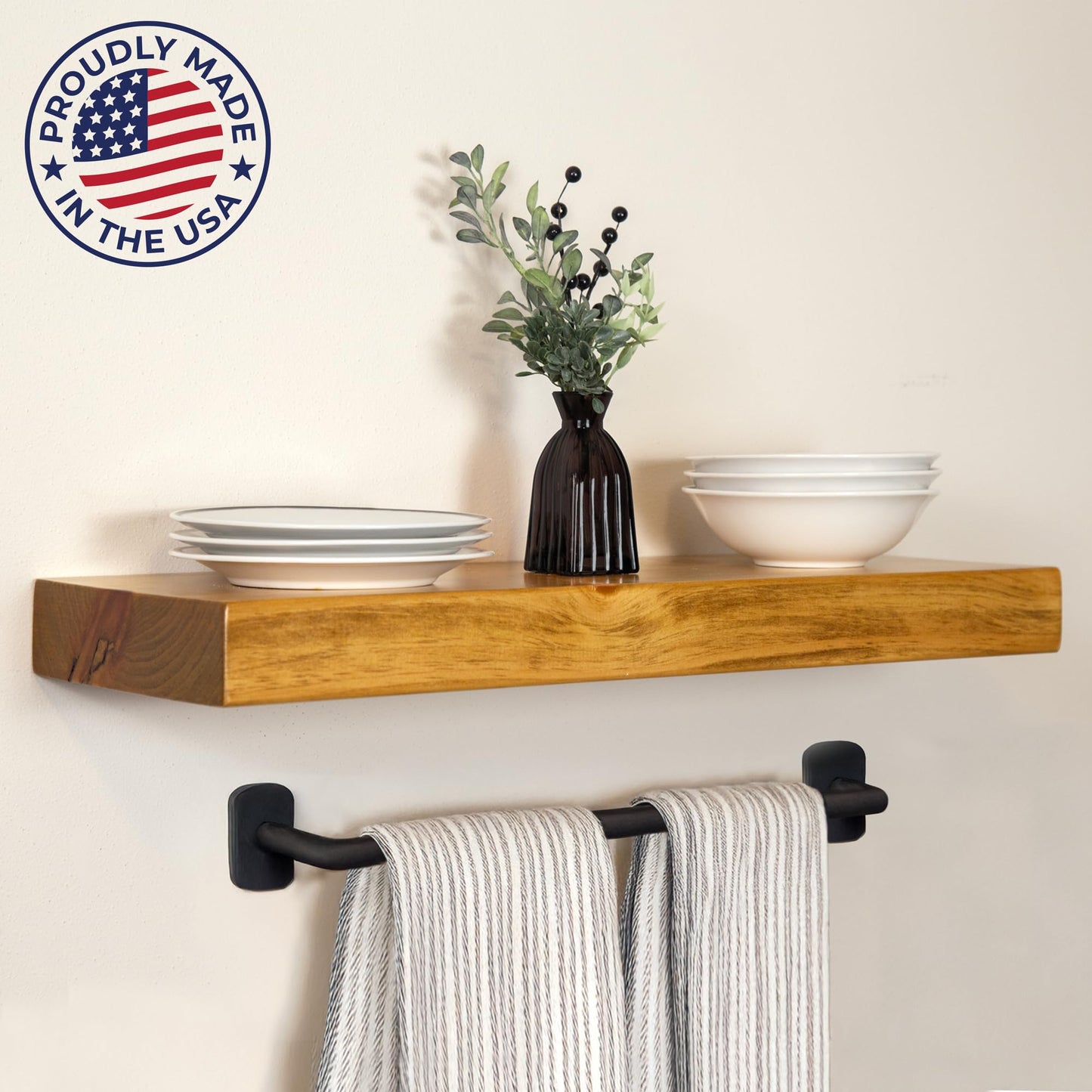 MY VINTAGE FINDS Thick Floating Shelves for Wall - Solid Wood Kitchen Shelves, Modern Real Wood Shelf Hand Crafted in The USA