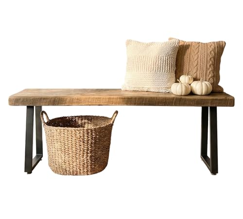Rustic Revival Reclaimed Barnwood Bench, Solid Wood with Metal Base, Modern Farmhouse Style, 2-Inch Thick Top, for Entryway, Bedroom, Living Room (30x12)