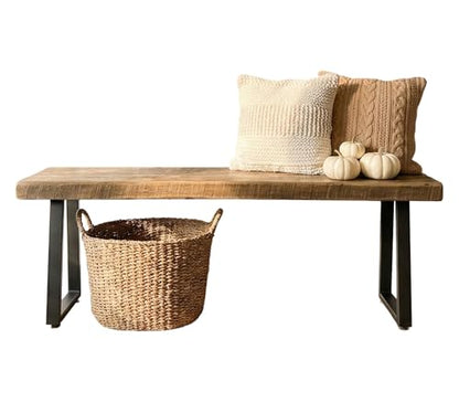 Rustic Revival Reclaimed Barnwood Bench, Solid Wood with Metal Base, Modern Farmhouse Style, 2-Inch Thick Top, for Entryway, Bedroom, Living Room (30x12)