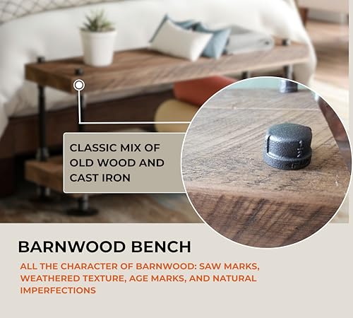 Rustic Farmhouse Bench, Weathered Barnwood with Cast Iron Supports, Modern Industrial Style, Handcrafted in USA, for Entryway and Bedroom (30x12)
