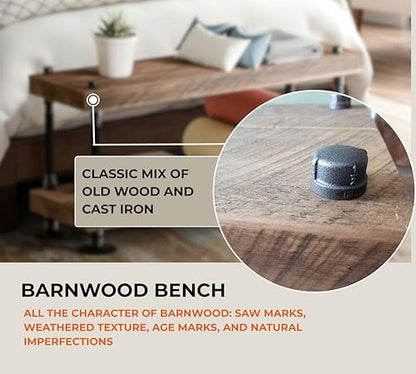 Rustic Farmhouse Bench, Weathered Barnwood with Cast Iron Supports, Modern Industrial Style, Handcrafted in USA, for Entryway and Bedroom (30x12)