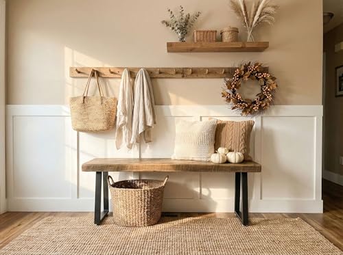 Rustic Revival Reclaimed Barnwood Bench, Solid Wood with Metal Base, Modern Farmhouse Style, 2-Inch Thick Top, for Entryway, Bedroom, Living Room (30x12)