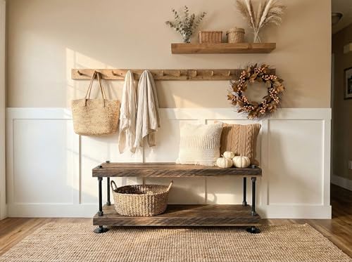 Rustic Farmhouse Bench, Weathered Barnwood with Cast Iron Supports, Modern Industrial Style, Handcrafted in USA, for Entryway and Bedroom (30x12)