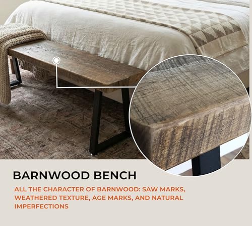 Rustic Revival Reclaimed Barnwood Bench, Solid Wood with Metal Base, Modern Farmhouse Style, 2-Inch Thick Top, for Entryway, Bedroom, Living Room (30x12)