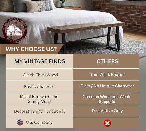 Rustic Revival Reclaimed Barnwood Bench, Solid Wood with Metal Base, Modern Farmhouse Style, 2-Inch Thick Top, for Entryway, Bedroom, Living Room (30x12)