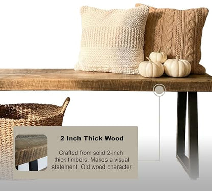 Rustic Revival Reclaimed Barnwood Bench, Solid Wood with Metal Base, Modern Farmhouse Style, 2-Inch Thick Top, for Entryway, Bedroom, Living Room (30x12)