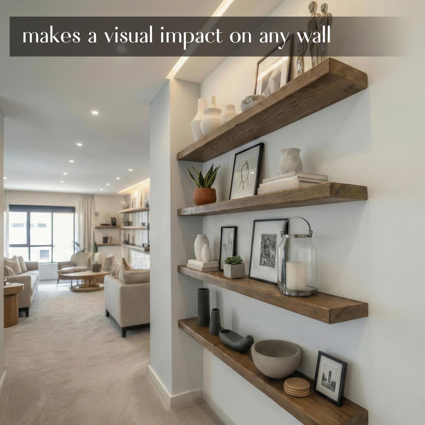 Rustic Floating Shelves for Wall - Solid Wood Oak Floating Shelf, Thick Wood Wall Shelves with Hidden Bracket, Easy Install, Made in USA (48x8)
