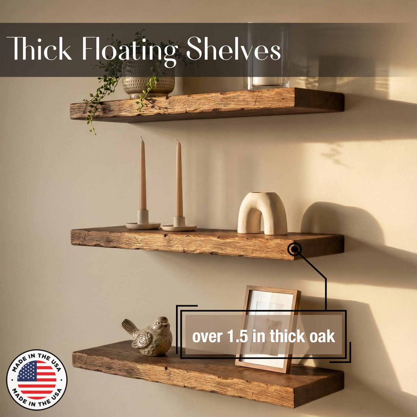 Rustic Floating Shelves for Wall - Solid Wood Oak Floating Shelf, Thick Wood Wall Shelves with Hidden Bracket, Easy Install, Made in USA (48x8)