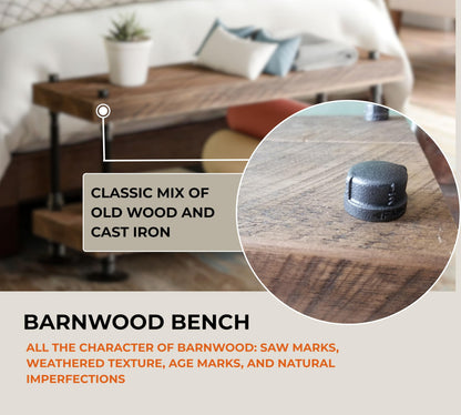 Rustic Farmhouse Bench, Weathered Barnwood with Cast Iron Supports, Modern Industrial Style, Handcrafted in USA, for Entryway and Bedroom (30x12)
