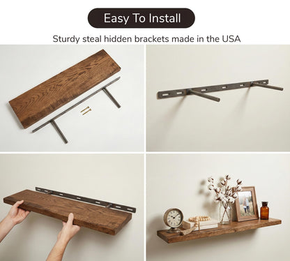 Rustic Floating Shelves for Wall - Solid Wood Oak Floating Shelf, Thick Wood Wall Shelves with Hidden Bracket, Easy Install, Made in USA (48x8)