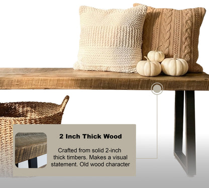 Rustic Revival Reclaimed Barnwood Bench, Solid Wood with Metal Base, Modern Farmhouse Style, 2-Inch Thick Top, for Entryway, Bedroom, Living Room (30x12)
