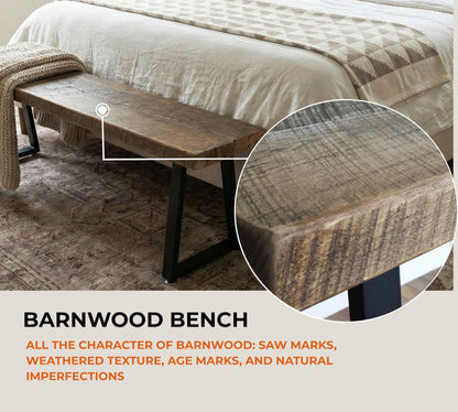 Rustic Revival Reclaimed Barnwood Bench, Solid Wood with Metal Base, Modern Farmhouse Style, 2-Inch Thick Top, for Entryway, Bedroom, Living Room (30x12)